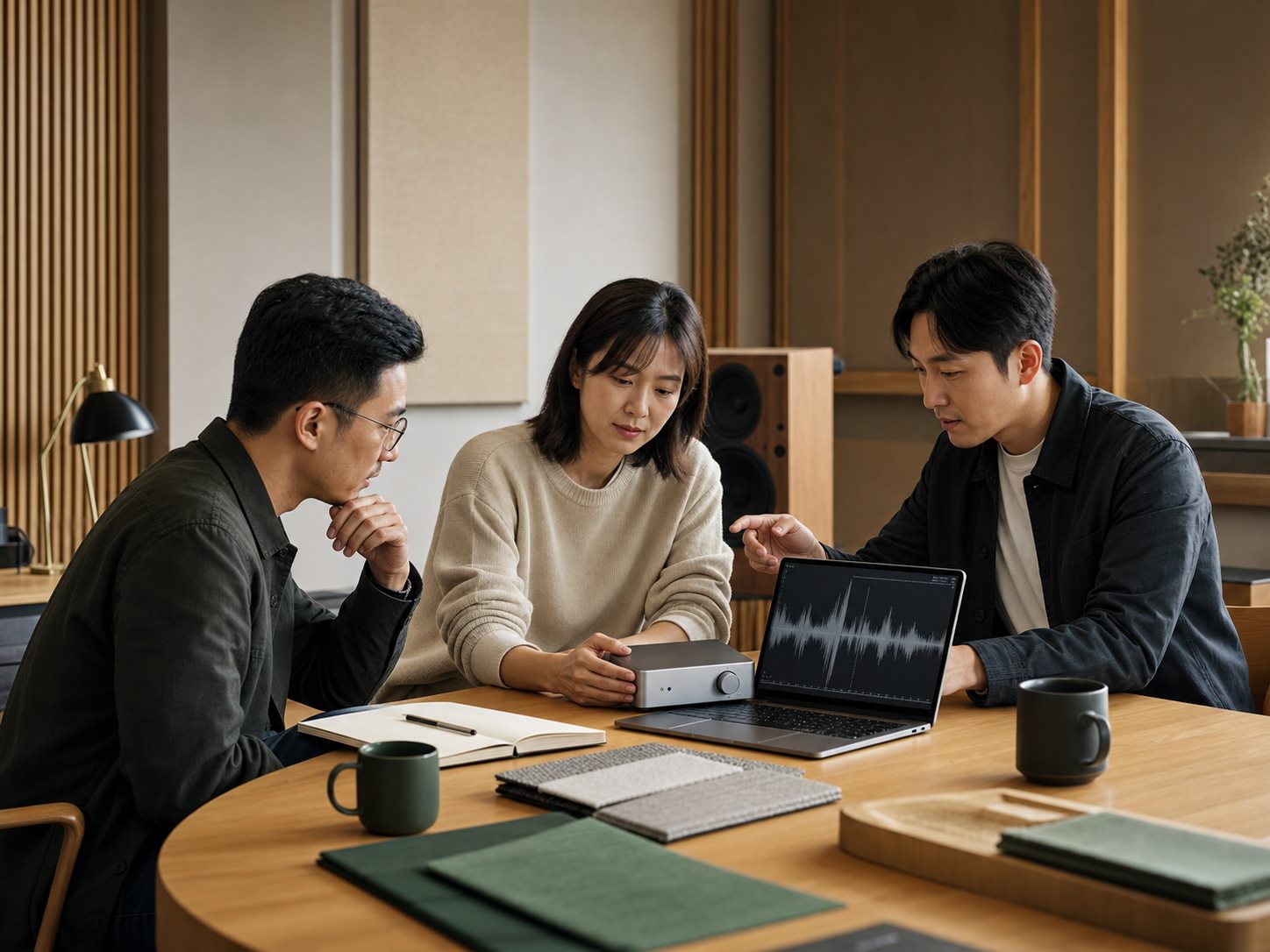 EARTUNE 产品团队在声音设计空间讨论桌面设备